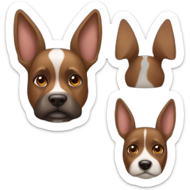 Yorkshire dog brown eyes and medium-long brown hair, one folded ear and one rabbit-style ear sticker