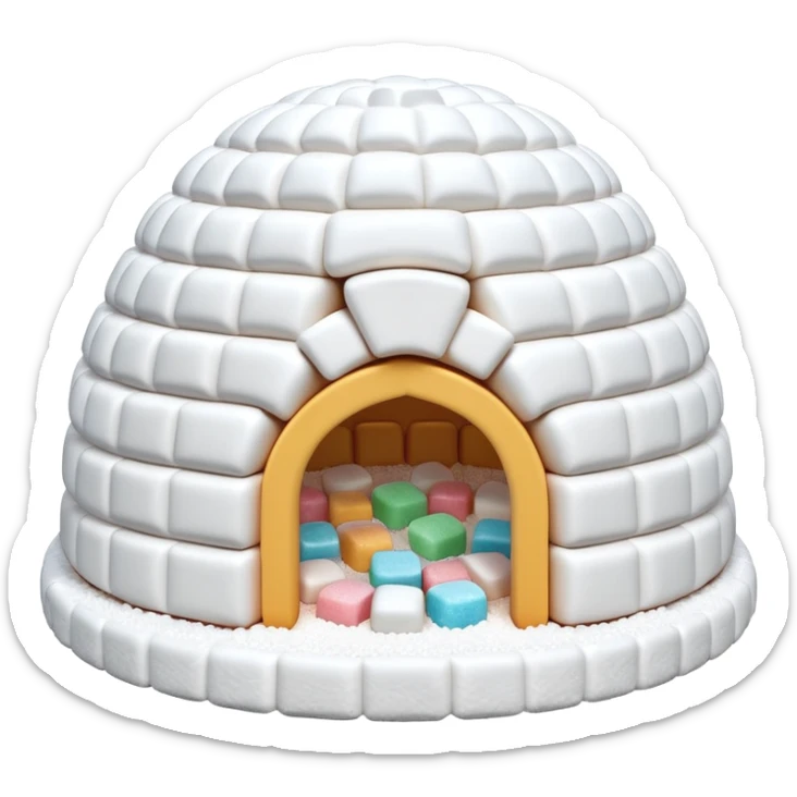 3D render of Marshmallow Igloo, made entirely of dessert materials, glistening sugar crystal texture, soft powdery white marshmallow bricks, delicious confectionery aesthetic, Apple emoji style, isolated on white background --v 6.0. sticker