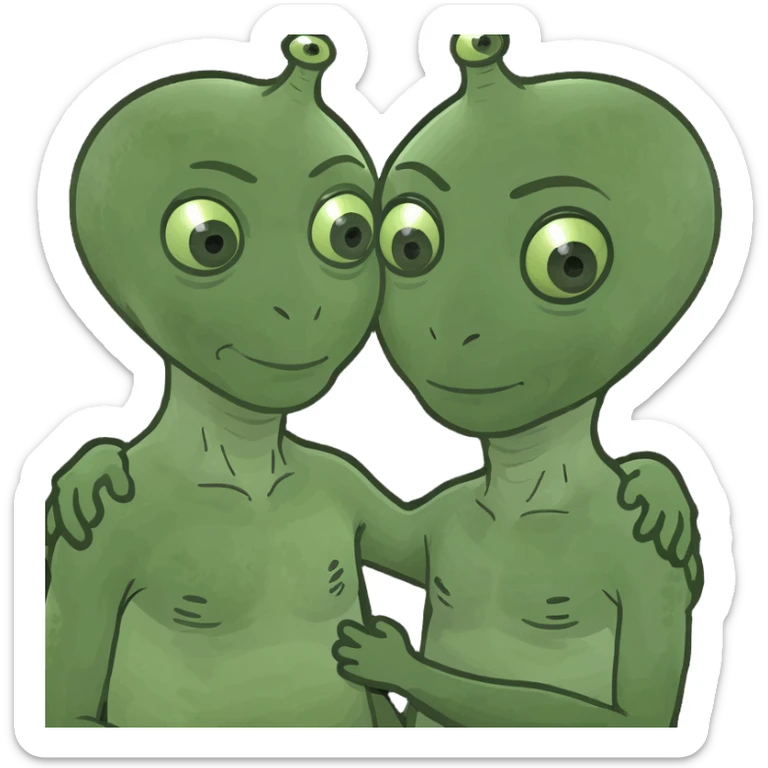 two aliens, a small one and a large one, are standing in an embrace sticker
