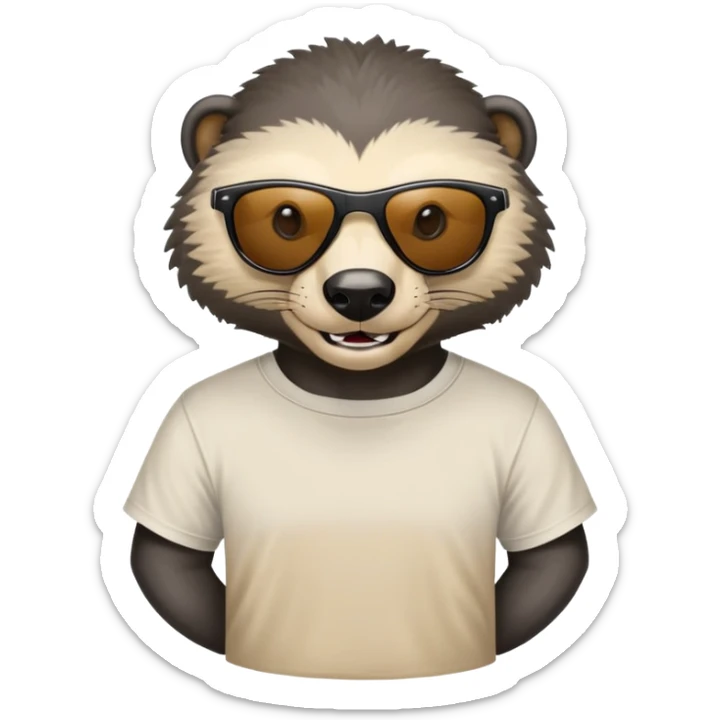 friendly anthropomorphised honey badger head and neck wearing sunglasses, top of t-shirt visible sticker