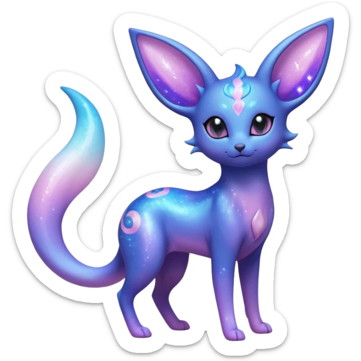 Shiny Iridescent Nebulae Espeon-Umbreon-Sylveon-Dragonair-Fakémon-hybrid-creature (full body)  with a galaxy-dust-flowing-gradient-tail sticker