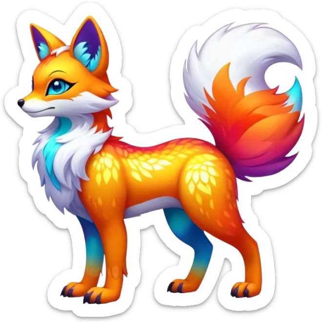 Vibrant multicolored neon-colored Falvie-Fionbri-creature-sparkle-hybrid-fursona, full body, fur pattern-markings sticker