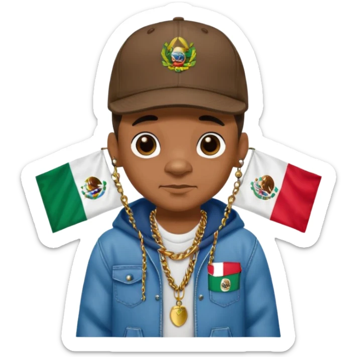 Crea un emogi de stich estilo reguetonero con una gorra con el nombre de Liam y la bandera de México en el pecho y lucho Blin blin sticker