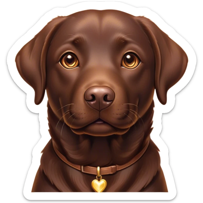 Cinematic Cute Chocolate Labrador Portrait Emoji, Head tilted playfully and inquisitively, featuring a sleek chocolate Fur with a lustrous sheen, round, sparkling brown eyes filled with curiosity, Simplified yet irresistibly adorable features, highly detailed, glowing with a warm, friendly glow, high shine, affectionate and spirited, stylized with a touch of whimsy, bright and endearing, soft glowing outline, capturing the essence of a mischievous yet loving companion, so playful it feels like it could dash out of the screen and into your arms! sticker