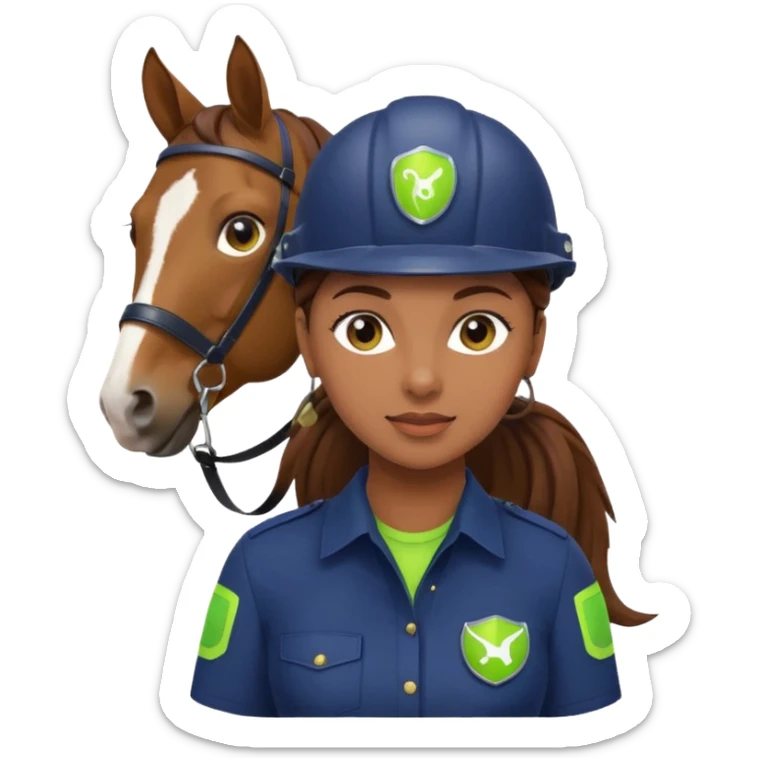 female with brown hair in ponytail, brown eyes, navy blue blouse with lime green Indie Services logo, emoji style, holding a horse riding helmet sticker