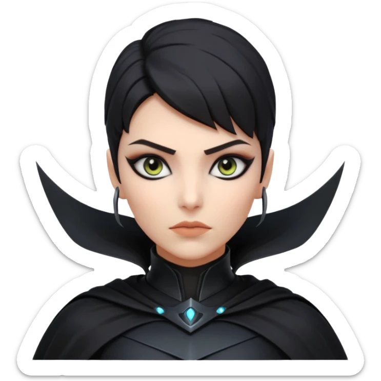 dark sci-fi villain female portrait, head and shoulders only, black armor, cape collar, intense eyes, sharp confident expression, subtle futuristic makeup, dramatic lighting, 3D cartoon, mobile game icon style, clean background, no text, no watermark
 sticker