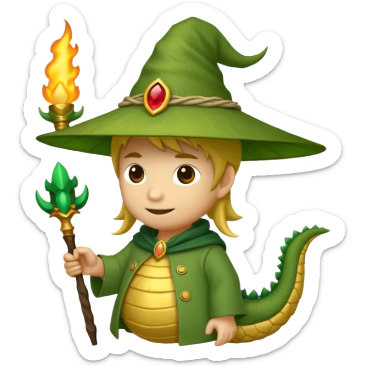 ein Drache mit einem Zauberstab in der Hand  und einem Hud  auf dem kopf und ein schnurbard  sticker