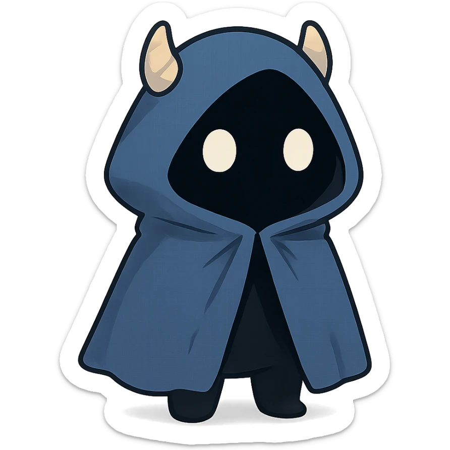 character with a blue cloak, black body, white eyes, cute little horns peeking out from under the hood, consistent style sticker