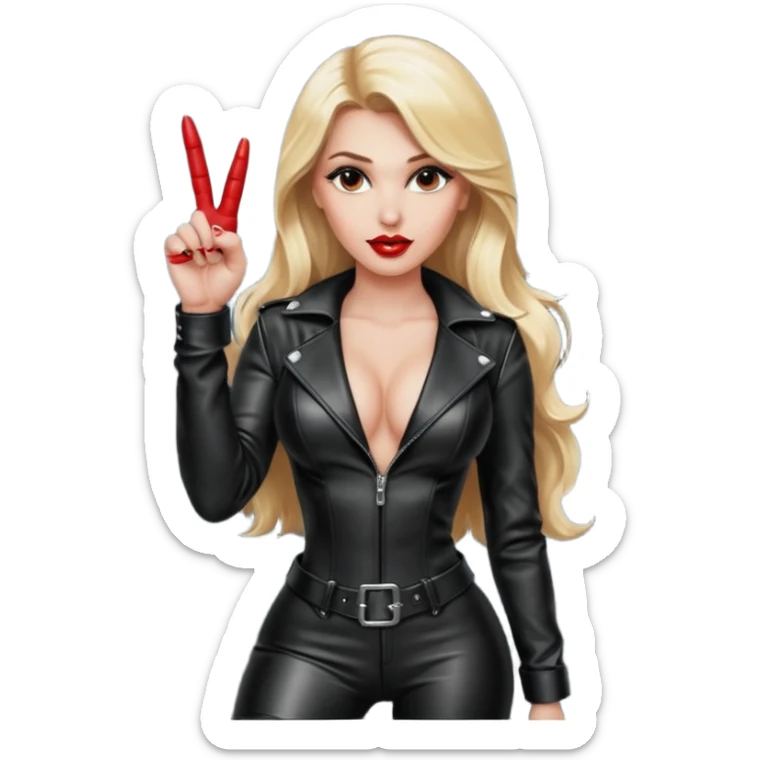 a hott good looking blonde with large breasts, red lips, and long blonde hair with leather sexy outfit and leather high heel boots and she is giving the middle finger  sticker