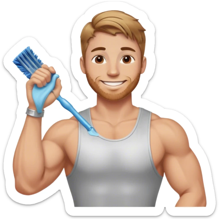 smiling muscular 28 year old man with silver jewelry, with light brown hair that has some blonde and red highlights, and a fauxhawk cleaning sticker