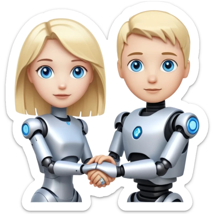 Make a human robot holding hands with a white girl with blue eyes and blond hair sticker