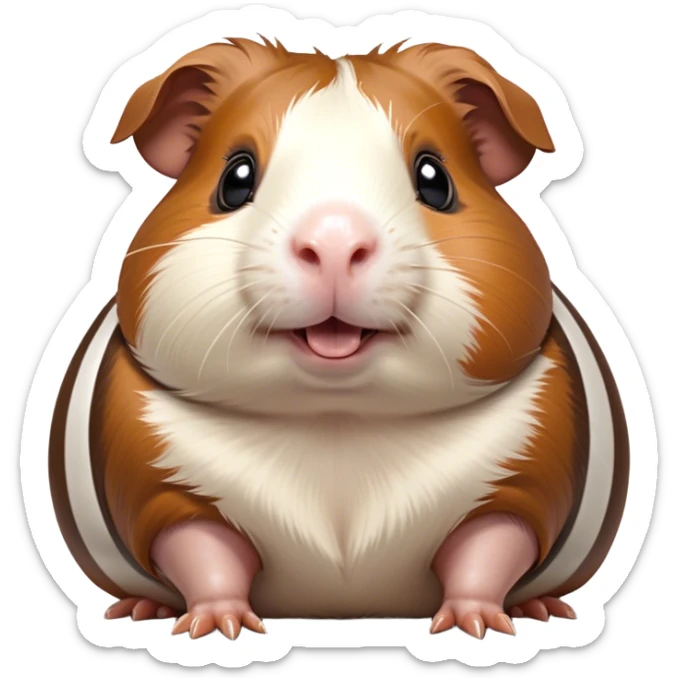 Cinematic Comical Brown and White Banded Guinea Pig Portrait Emoji, Head tilted dramatically with an exaggeratedly amused expression, featuring a striking coat with bold brown and white banding, wide, expressive dark eyes filled with playful disbelief, Simplified yet hilariously expressive features, highly detailed, glowing with a slightly sassy glow, high shine, dramatic yet playful, stylized with an air of cheeky mischief, bright and endearing, soft glowing outline, capturing the essence of a spirited and over-the-top guinea pig, so meme-worthy it feels like it could side-eye its way into internet fame instantly! sticker