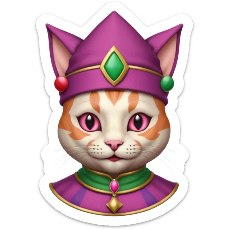 court jester cat medieval, single poker card joker clearly visible, pink, face only, round badge,  court jester cap sticker