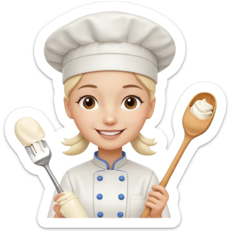 Young female baker - wearing a white chef's hat and holding a cream piping bag sticker