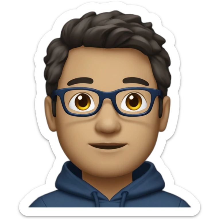 developer with dark brown hair, white transparence glasses in dark blue hoody sticker