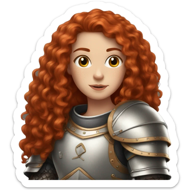 a white girl with long red curly hair and freckles, wearing armor sticker