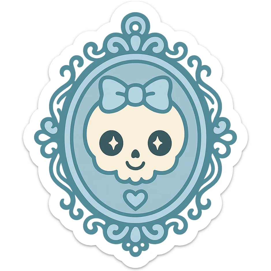 cameo necklace in pastel goth style, pastel blue and white, ornate frame, cute gothic vibe sticker