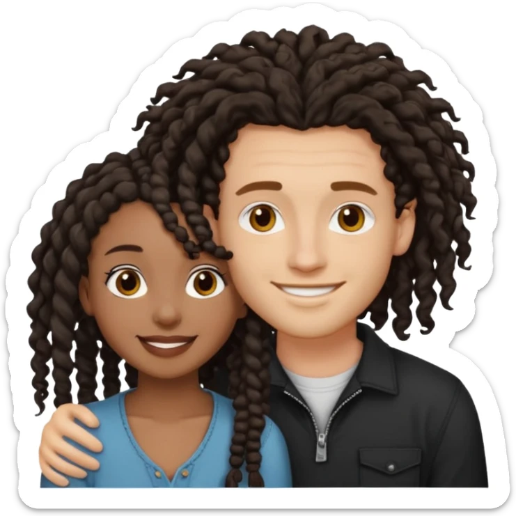 Creamy white boyfriend with medium curly dark brown hair with a dark black girlfriend with shoulder length thin curly dreadlocks sticker