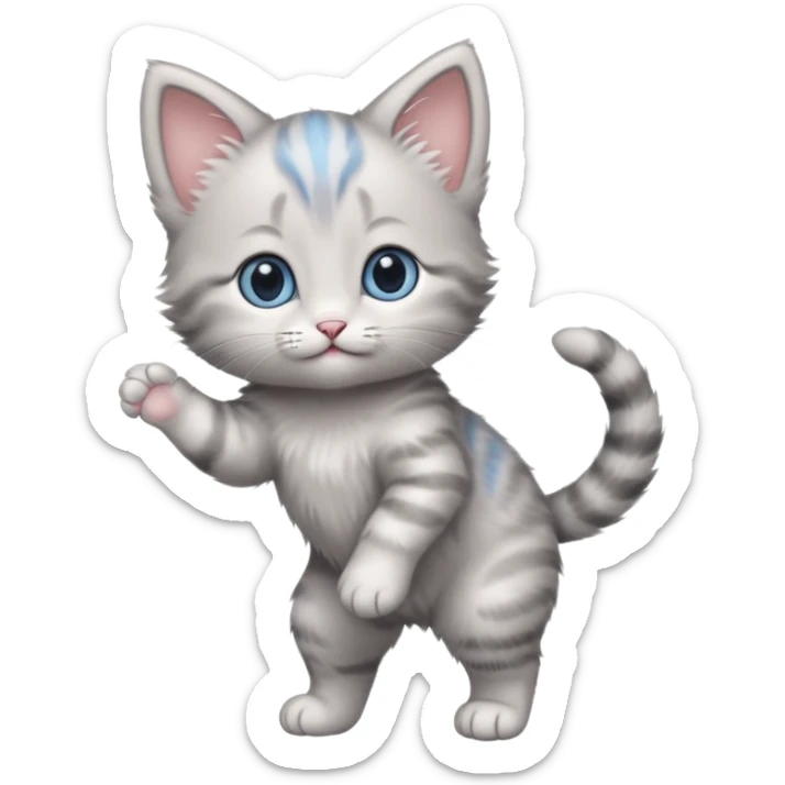 Cute blue eyed gray baby girl kitten standing on back legs sticker