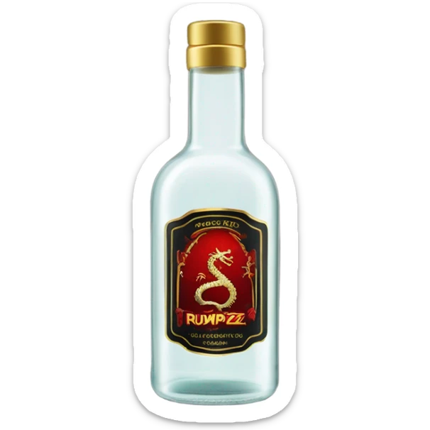 clear bottle of rumpleminze clear alcohol with a label that black with red border and font that has a small gold dragon on the label that says “RUMPZ” sticker
