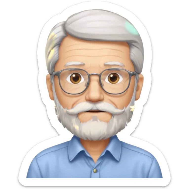 old man with long hair and beard wearing glasses with shirt sticker