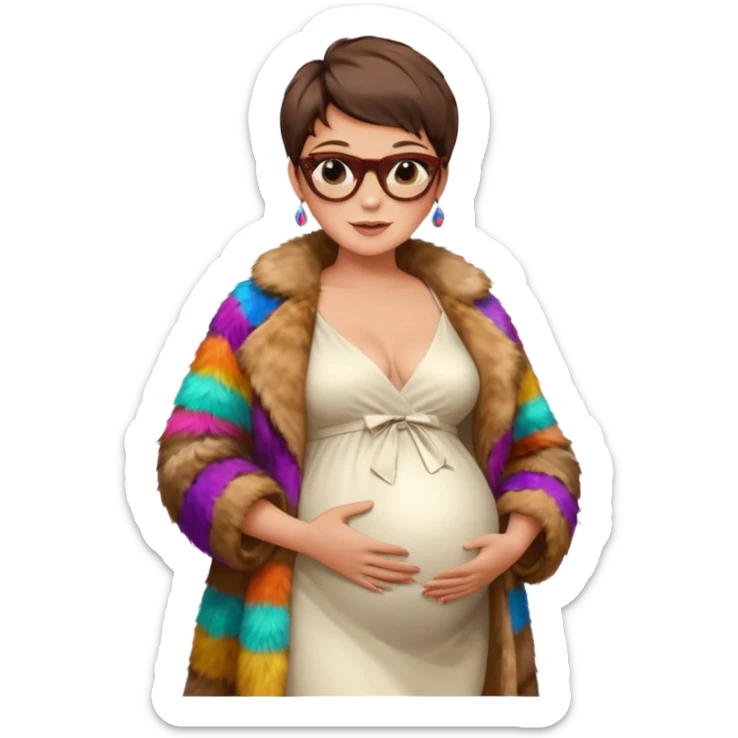 pregnant stylish woman with short pixie brunette hair happily touching her big belly while wearing white dress and fancy brown fur coat and colorful shades sticker