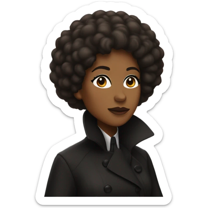 Miss Sherlock as a brown-skinned woman with an afro, wearing a black trench coat sticker