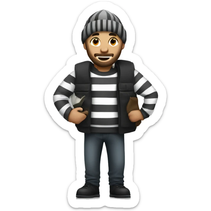 Robber with  a grey beanie, a beard and wore a black and white striped shirt carrying a money bag over shold sticker
