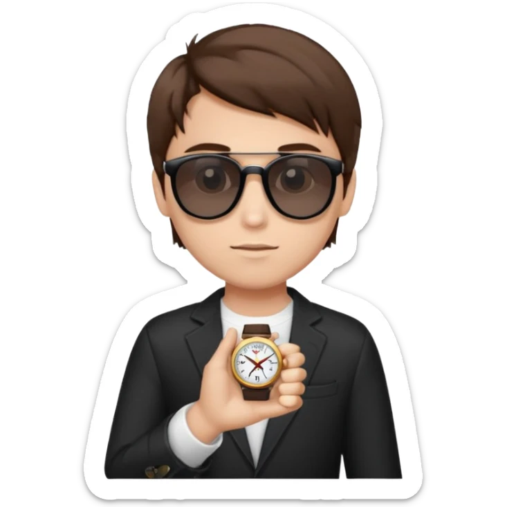Un niño con pelo lacio color castaño,con lentes de sol negros y un reloj en la mano sticker