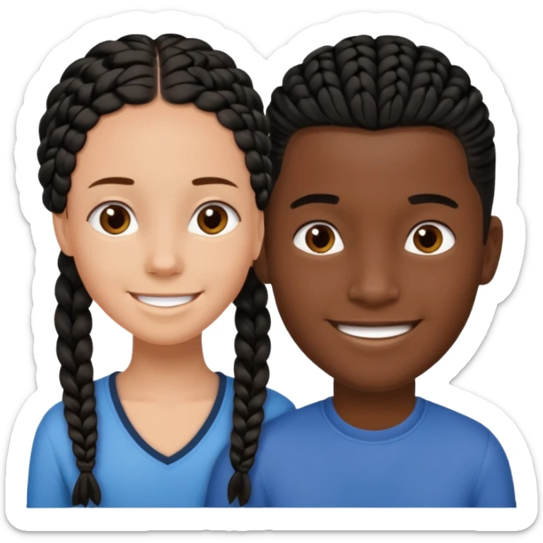 Dark black girl with black braids, smiling, and tan white boy with straight brown hair sticker