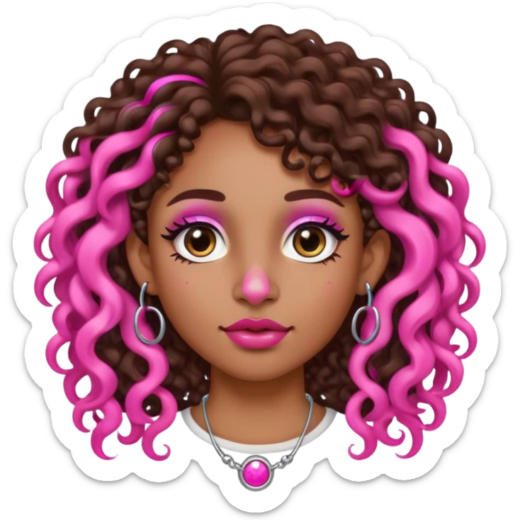Cabelo grande cacheado, com mecha rosa no lado esquerdo, sou morena, tenho piercing na boca, tenho na sobrancelha, um ponto de luz no lado direito do nariz e do lado esquerdo uma argolinha  sticker
