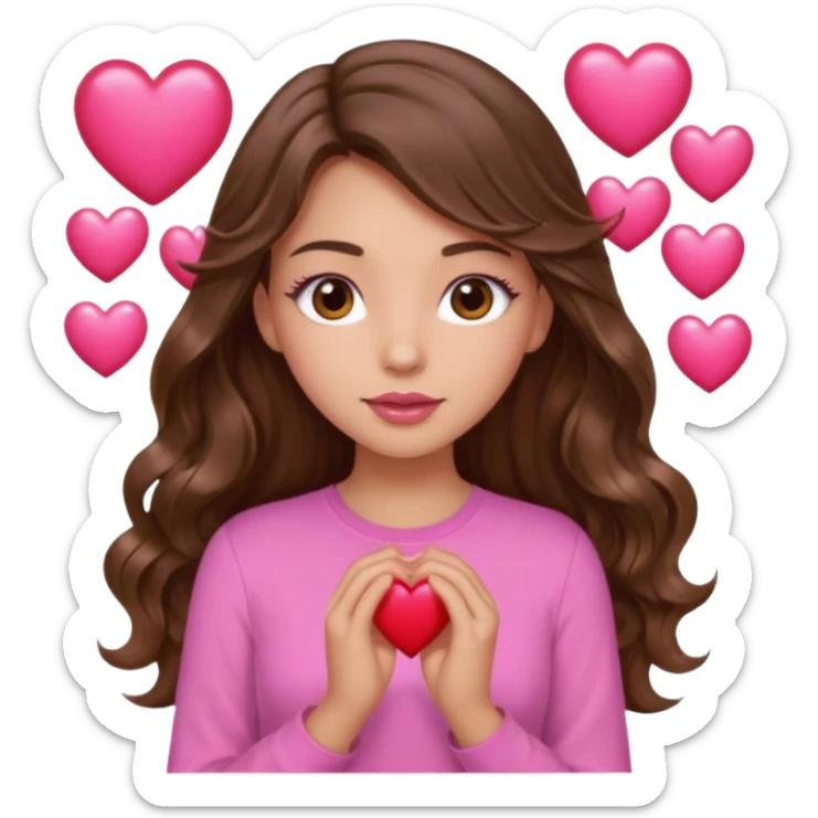 girl with long wavy brown hair, brown eyes, light to medium complexion, in a pink shirt, pink lips, long lashes, many  hearts in hand sticker
