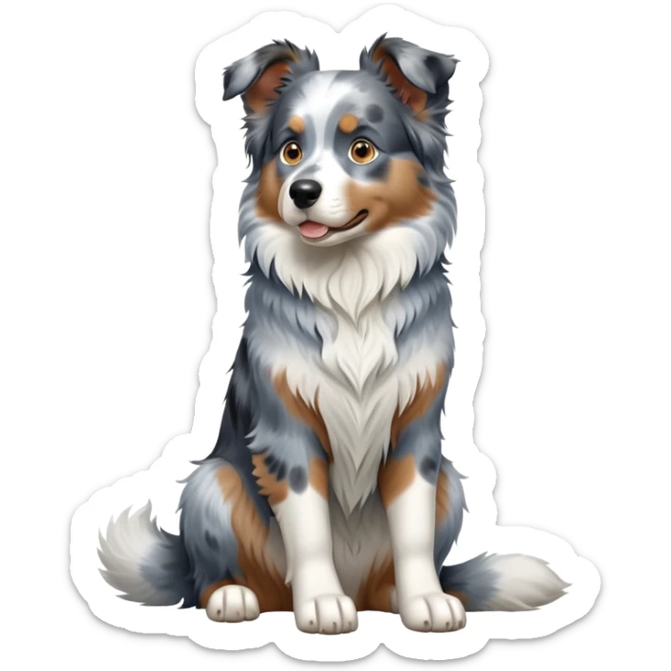 cinematic-[australian shepherd dog]-realistic-full-body-sitting-emoji,-tail-resting-loosely-beside-its-paws,-head-tilted-dramatically,-scruffy-[blue merle]-fur,-simplified-yet-realistic-focused-features,-highly-detailed,-glowing-with-an-almost-sarcastic-glow sticker