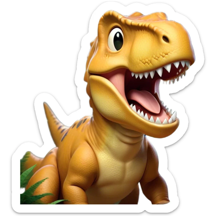 Cinematic Cute Yawning T-rex Portrait Emoji, Head tilted slightly with a dramatic, wide-open yawn, showcasing a robust, muscular form with a slightly open mouth revealing powerful jaws and sleepy, half-closed eyes, Simplified yet irresistibly adorable features, highly detailed, glowing with a soft, cozy prehistoric glow, high shine, relaxed yet expressive, stylized with a hint of whimsical ancient ease, soft glowing outline, capturing the essence of a drowsy yet affectionate T-rex that appears ready to stretch and yawn its way out of the screen! sticker
