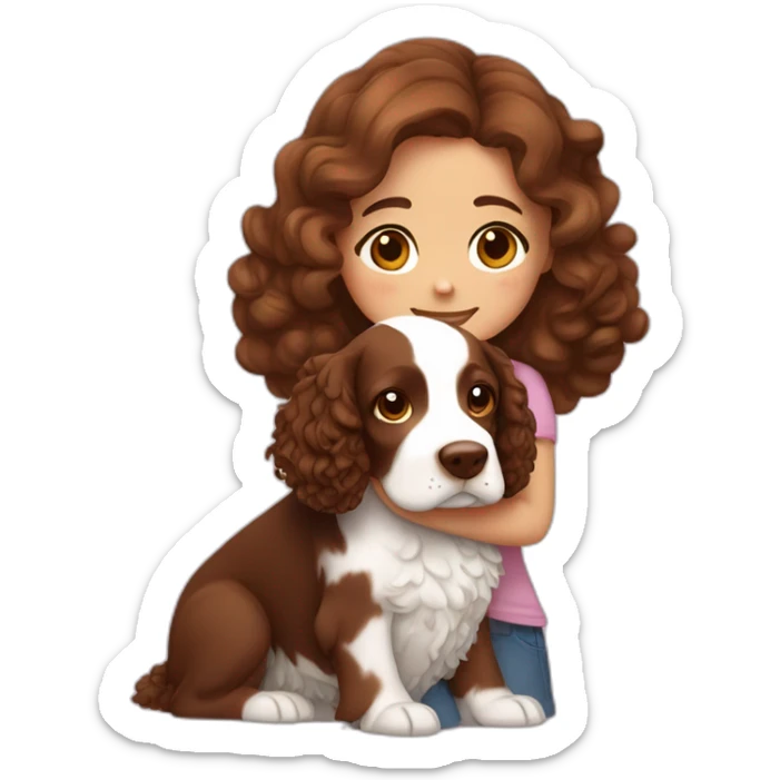 Girl with brown curly hair is hugging brown English springer spaniel sticker