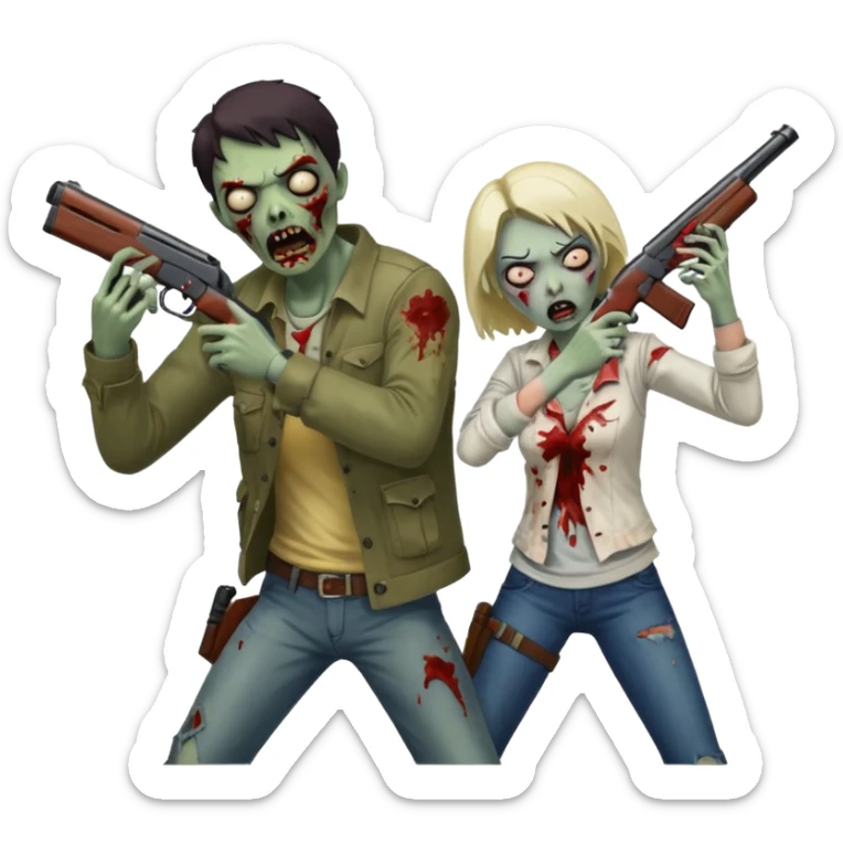 Survivor aiming shotgun at zombie, zombie in front, action pose, blood flying, no background













 sticker