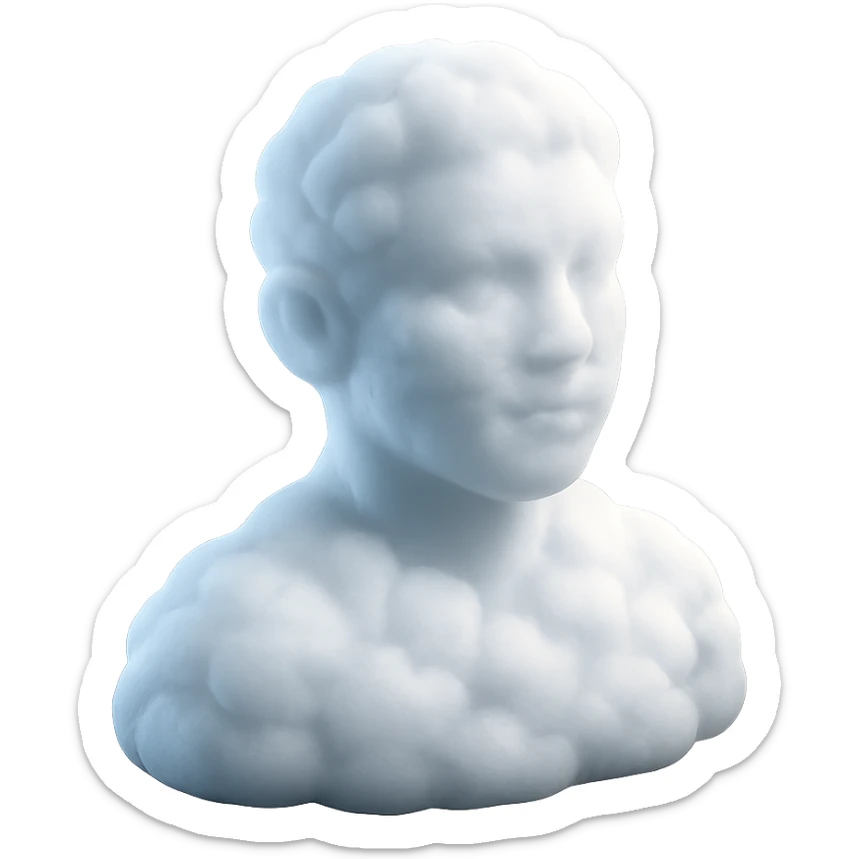 person looking straight, fully made of white fluffy convex clouds, shoulders up, no shadows, matte glass style sticker
