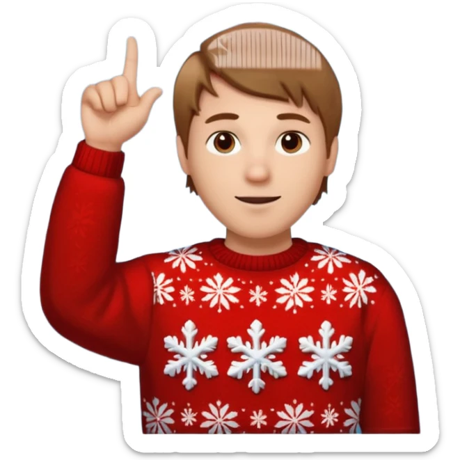 A guy pointing up with one hand and he has a christmas sweater with snowflakes in it. He has brown light hair. sticker