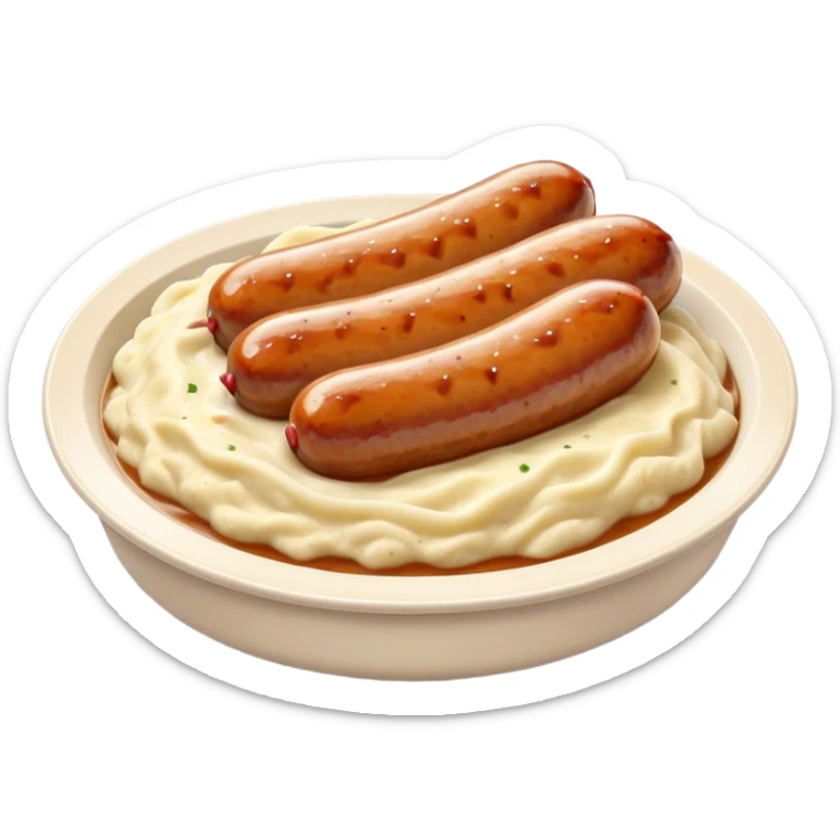 Cinematic Realistic Bangers and Mash Dish Emoji, featuring succulent pork sausages paired with creamy mashed potatoes rendered with detailed textures and natural highlights that emphasize its robust, hearty flavor. sticker