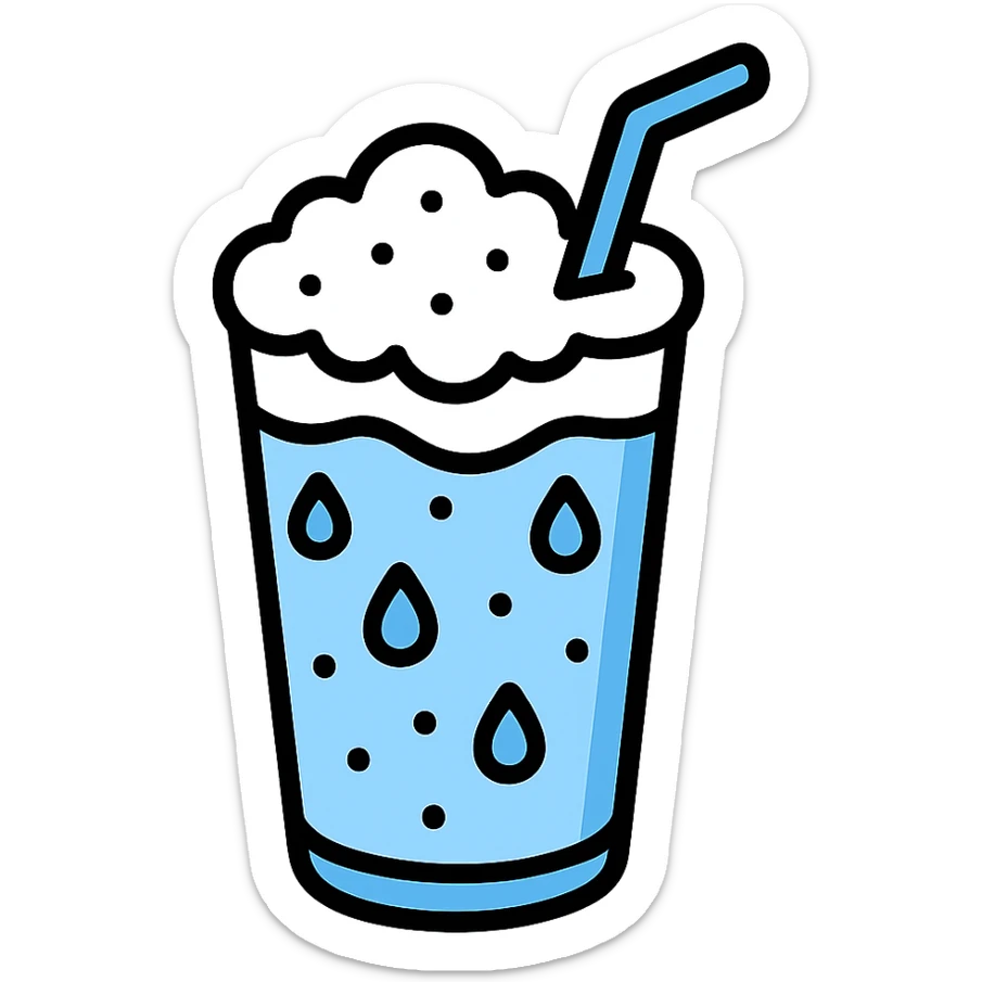 detailed Ayran icon, glass with white frothy beverage, blue straw, droplets on glass, realistic lighting, color outline style sticker