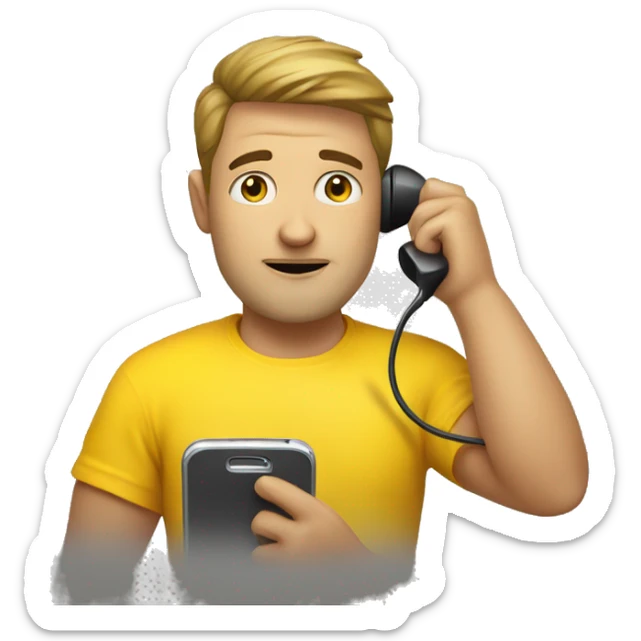a man with a phone in his hand and a yellow t-shirt in a call  sticker