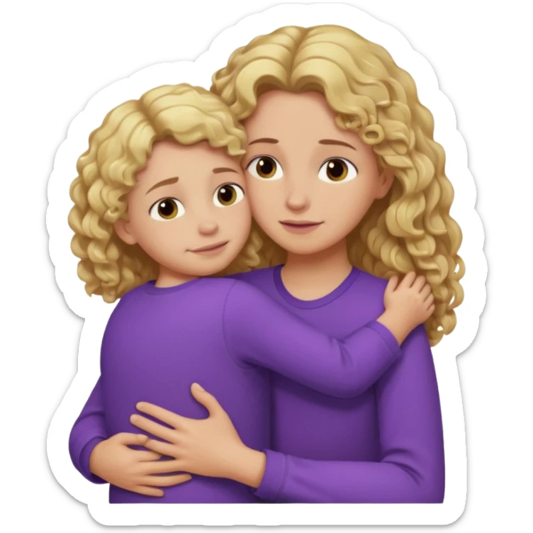 a mother with blond curly long wearing purple hugging his son with brown hair and like saying its okay sticker