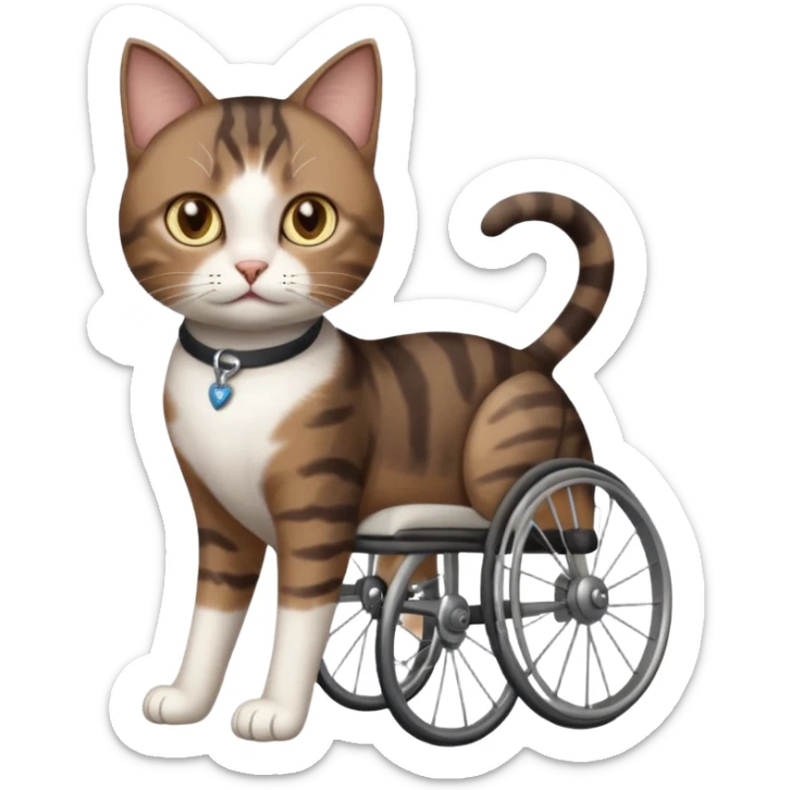 full body small short hair dark brown and white cat with hazel eyes walking in a wheelchair for cats sticker