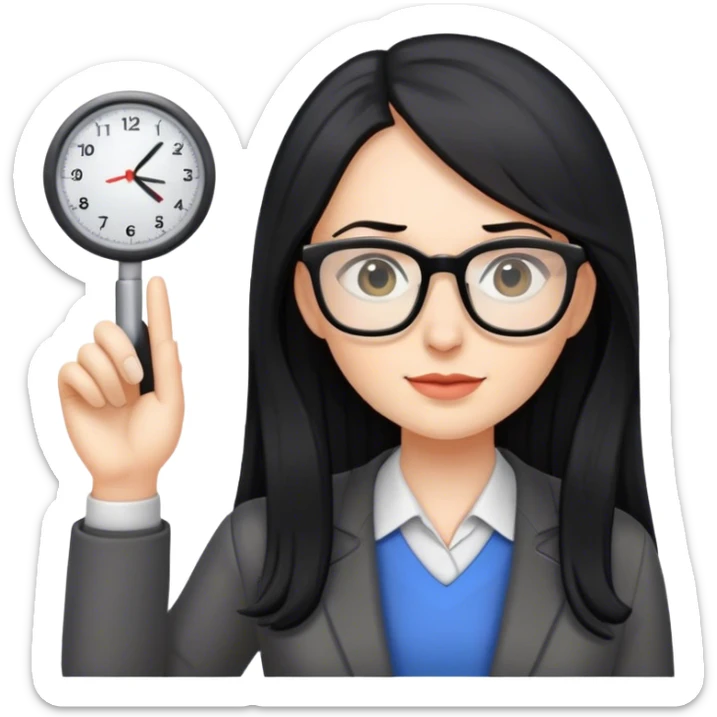 pale female teacher with long black hair, wearing glasses sticker