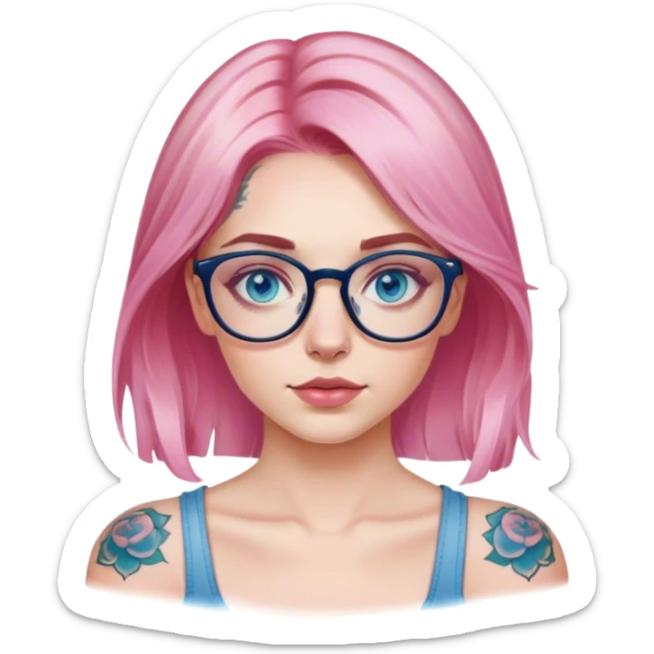  Hyper Realistic model, pale woman, pink balayage hair, blue eyes and glasses, shoulder tattoo  sticker