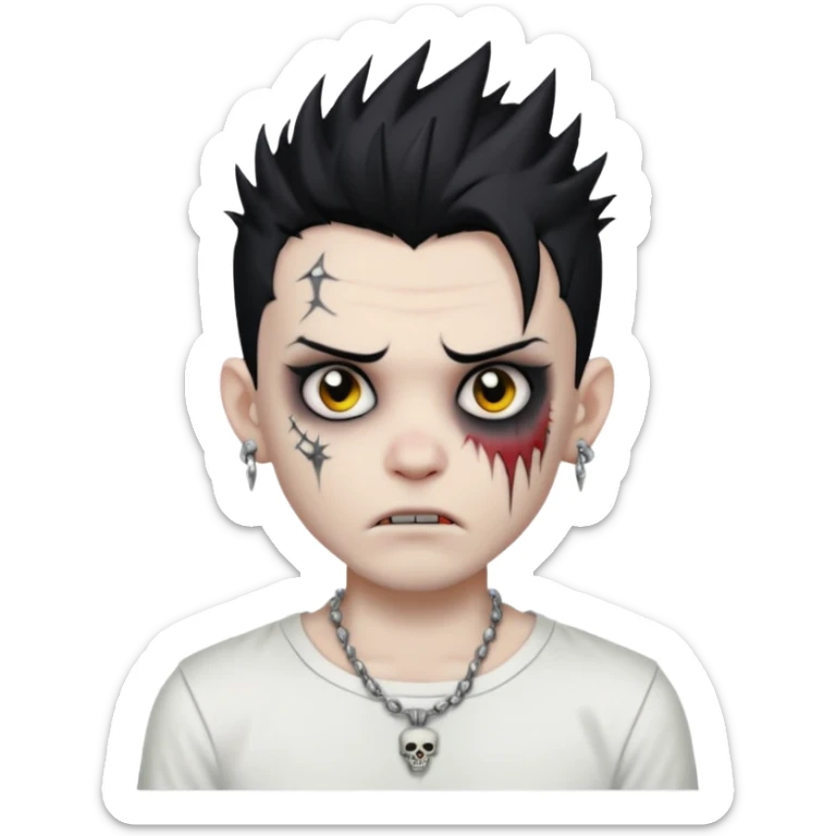 zombie boy with spiky emo black hair and white shirt , tattos, a risk on the eyebrow, earings,  a necklace emoji sticker
