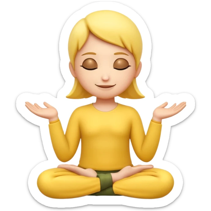 A 3D Apple-style yellow round emoji sitting in a lotus position, eyes gently closed, calm and peaceful smile, hands resting on knees with palms facing upward, relaxed eyebrows, soft glow around the emoji to symbolize inner peace, clean minimal background. sticker