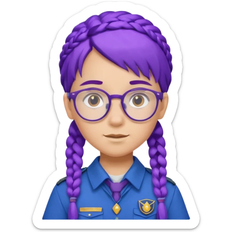 blue uniform wearing scout kid with braids and glassess with hat purple haired sticker