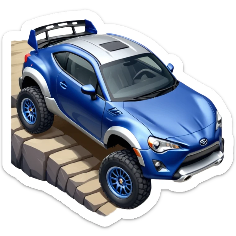 Rally race car Widened roof Long wheelbase widened pearly midnight satin dark blue 2nd generation 2025 Toyota 86 off-road racer chrome nerf bars,side steps mounted under-door-sill climbing rock sliders, and silver satin wheels  sticker