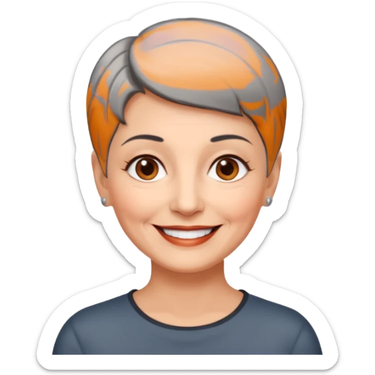 woman 60 years old, shaved short dark grey hair, brown eyes smile sticker
